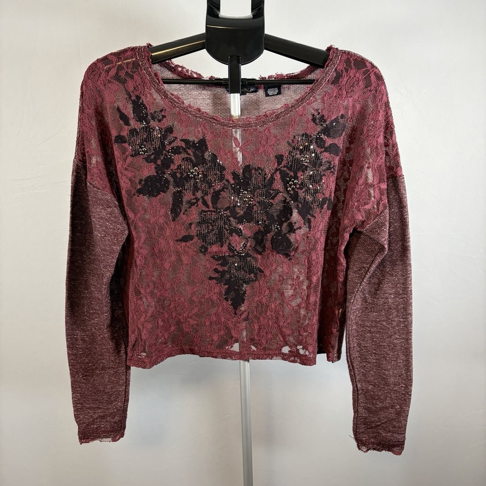 Miss Me Medium Sheer Lace Maroon Long Sleeve Top Biker Studded Sequin Emo Punk